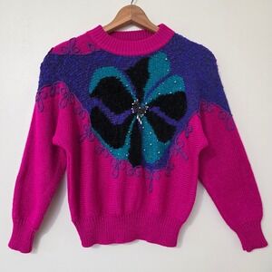 Vintage Jacklyn Smith Sweater Sz M Beaded Floral‎ Pink Glam Whimsigoth Statement